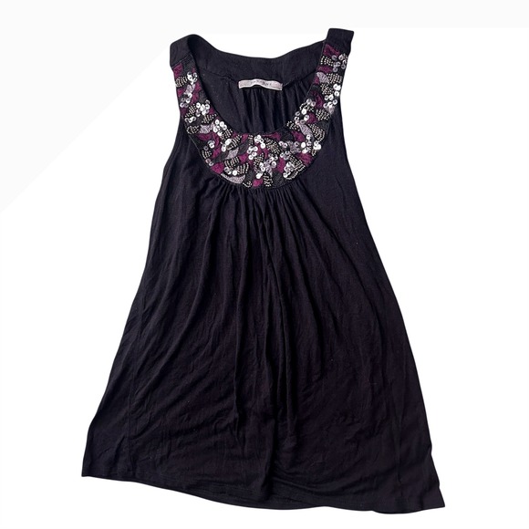 Pleione Tops - Y2K Pleione Black Sleeveless Top Embellished Sequin Beaded Neckline Tank Blouse